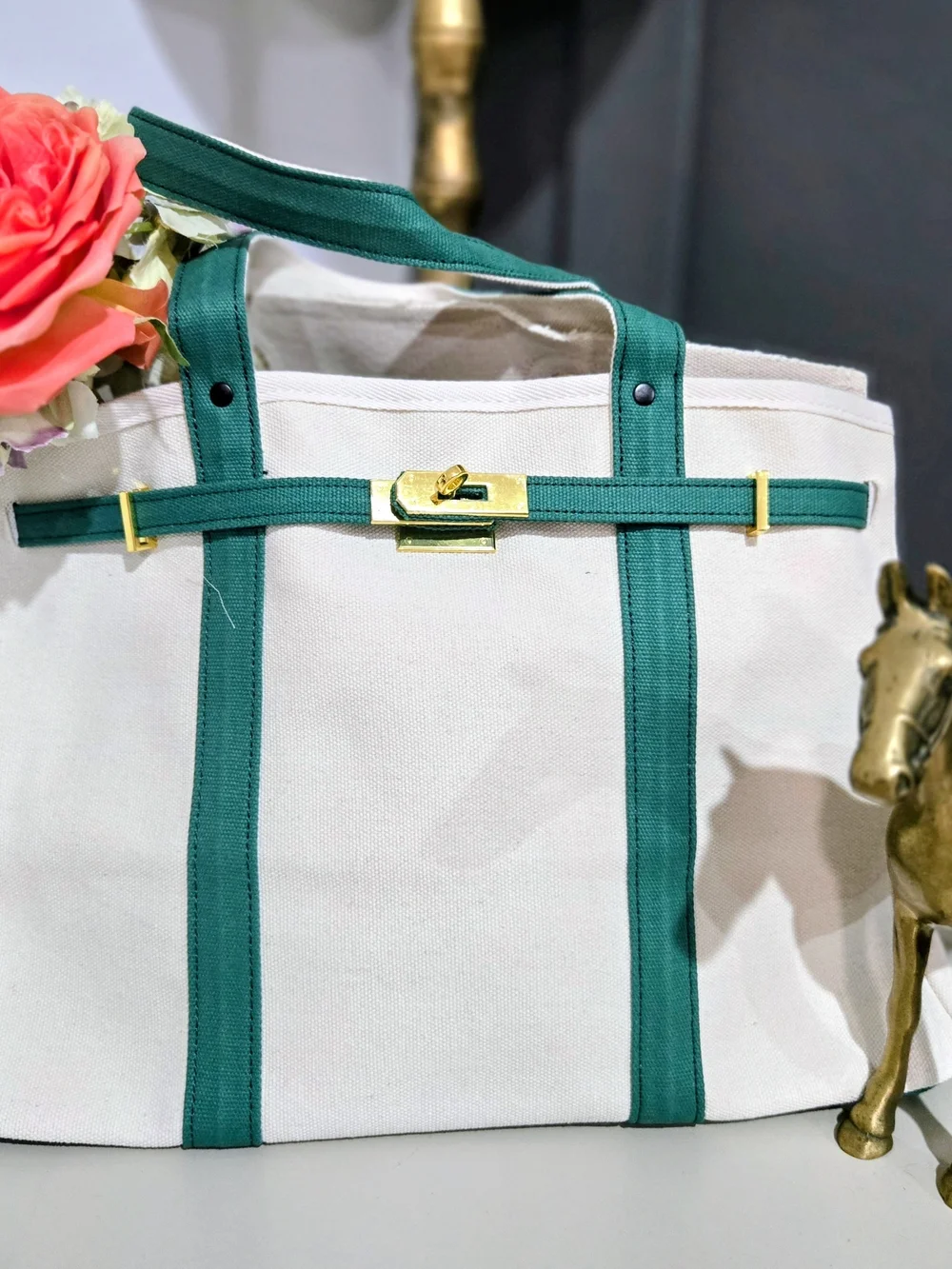 Stylish Canvas Boat Tote - Cream & Forest Green, NEW - Picture 2 of 11